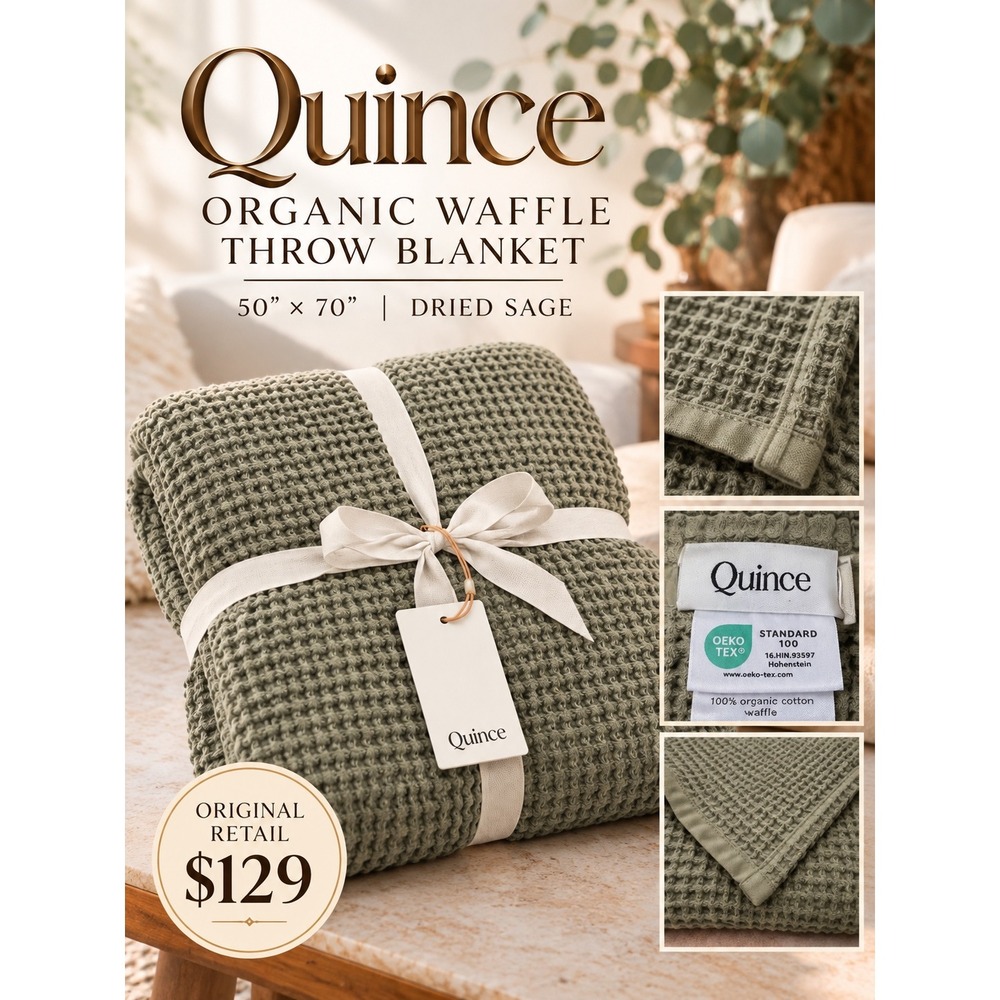 Quince 100% Organic Waffle Throw Blanket 50x70 Dried Sage Cotton NWT